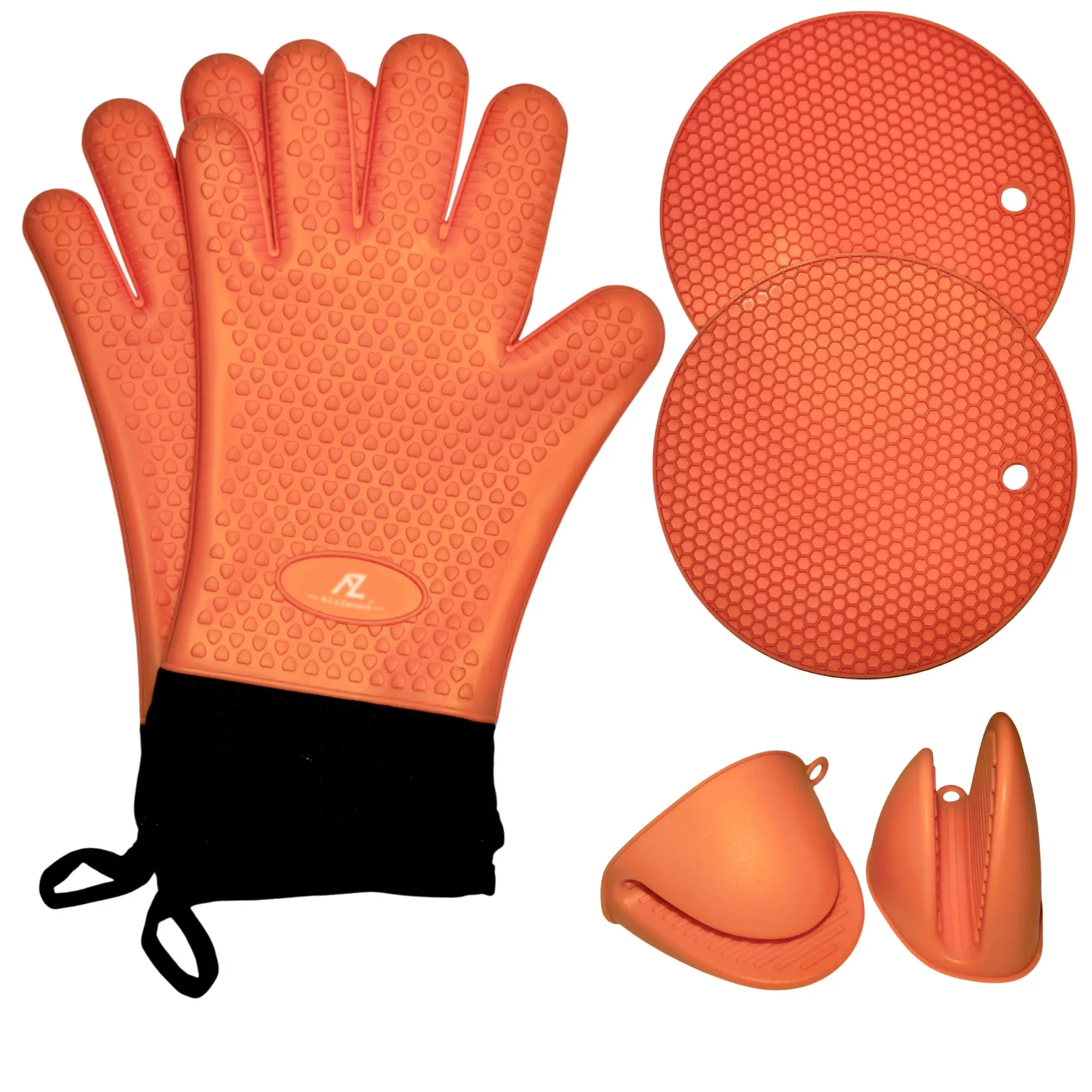 Silicone Smoker Oven Gloves & BBQ Set – Extreme Heat Resistant, Waterproof Oven Mitts, Mini Gloves, Hot Pads & Pot Holders for Cooking, Grilling, Baking, Extra Soft, Superior Value 6 pc Set. (Orange)