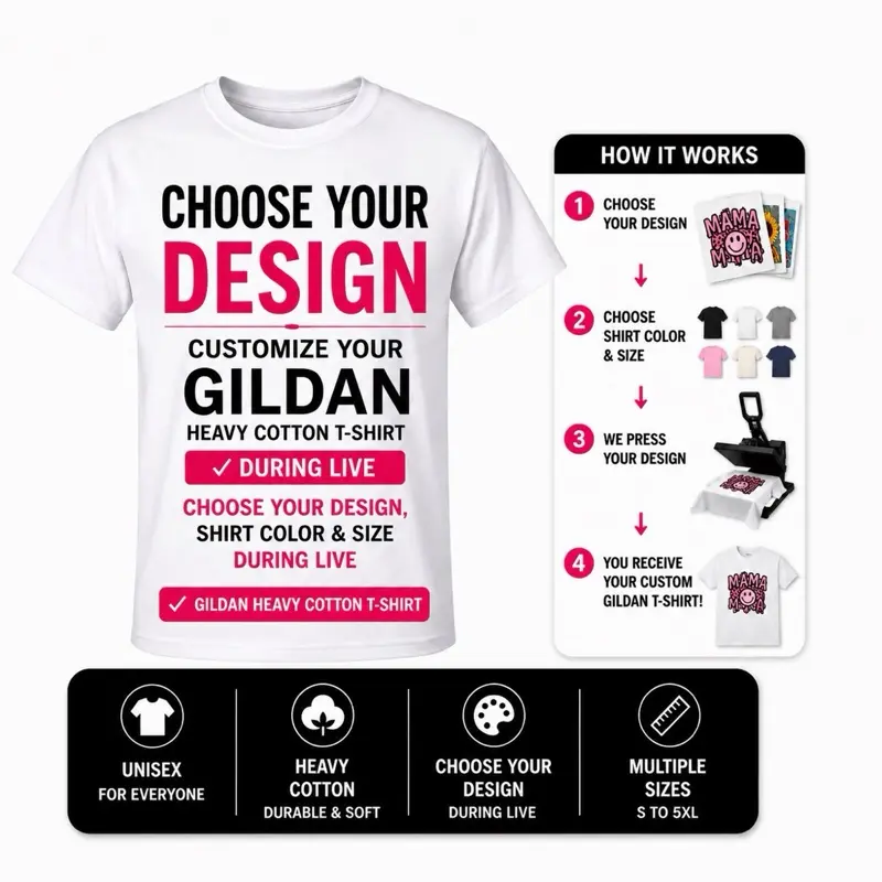 Custom Printed Gildan Heavy Cotton T-Shirt – Choose Your Design During LIVE