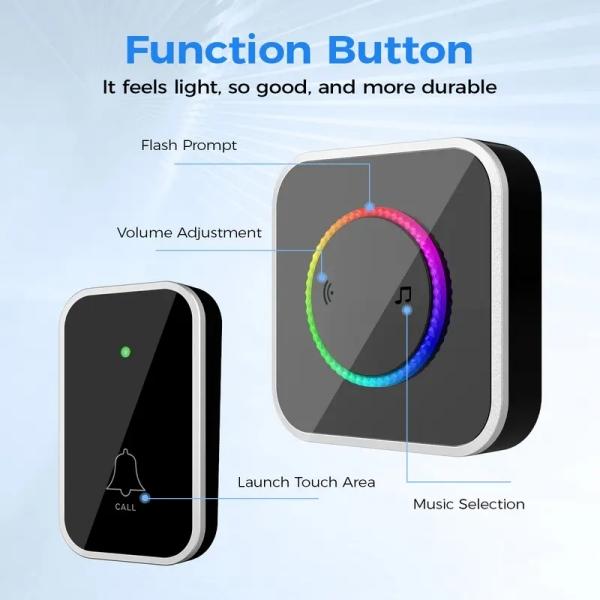 doorbell chimes, Wireless Doorbell, Easy installation, Waterproof, Adjustable Volume, 45 Chimes, Colorful LED, 1000Ft Range, M488-BS, Black IP44 (1 receiver 1 button)
