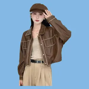 Women Leather Jacket Autumn Casual Soft Petite Short Loose Washed Motorcycle Jacket