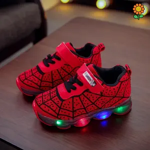 DZP-Trendy Cool Spider Net Low Top Sneakers With LED Light For Boys Kids Teenager, Breathable Lightweight Anti Slip Sneakers With Hook And Loop Fastener For Outdoor Walking Running, Spring And Autumn Athletic Casual