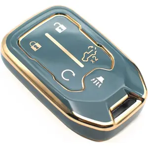 Key fob cover compatible with Chevy Chevrolet Silverado GMC Sierra 1500 2500 3500 HD limited smart 5 buttons TPU remote keyless key fob case protection shell accessories, Blue Gray
