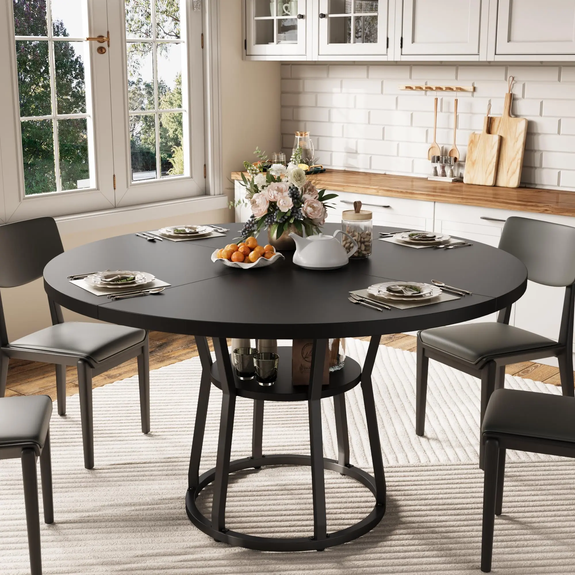Black Round Dining Table for 4-6, 47.2 in Farmhouse Kitchen Table with Storage, Circle Dinner Tables for Kitchen, Dining Room, Living Room, Meeting Room, Apartment,Only Table