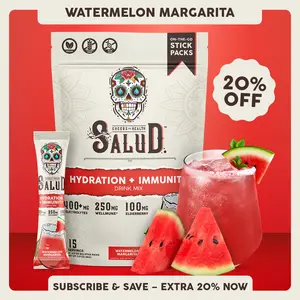 Salud 2-in-1 [Hydration + Immunity - Watermelon Margarita] Electrolytes Powder, Agua Fresca Drink Mix, Elderberry, Dairy & Soy Free, Non-GMO, Gluten Free, Vegan, Low Calorie, 1g Sugar (15 Servings)