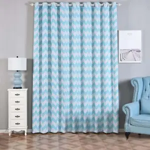 2 Pack White/Light Blue Chevron Print Blackout Window Curtain Grommet Panels, Noise Cancelling Curtains 52"x108"