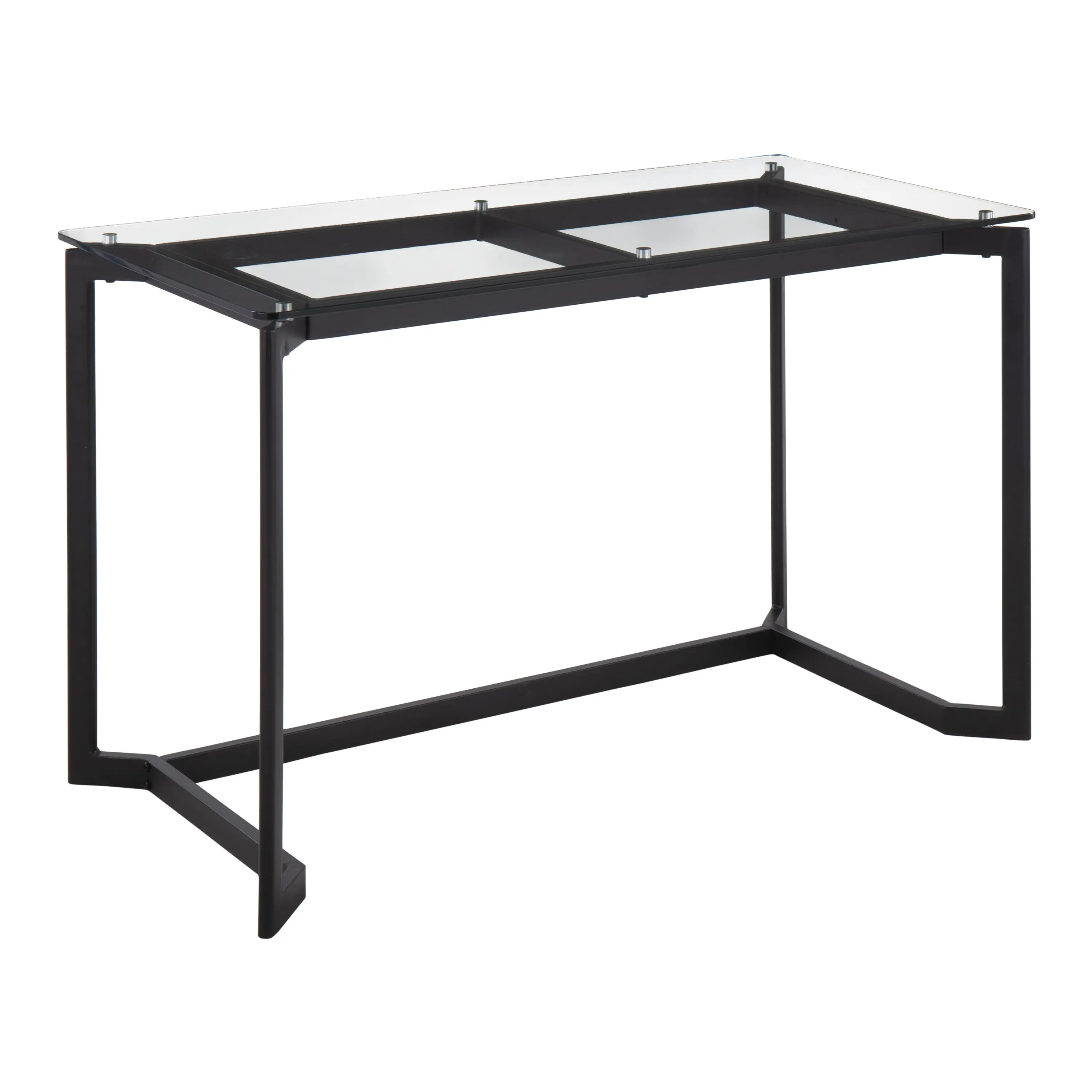 Clear Glass Top Office Desk with Black Steel Frame, Modern Design