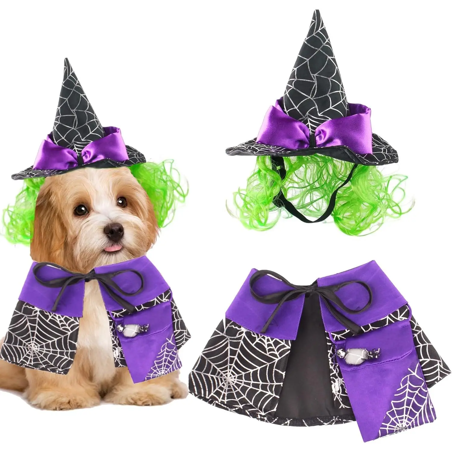 Dog Halloween Costume Purple Witch Pet Costume Halloween Cloak Witch Hat Costumes for Small Medium Dogs Pets