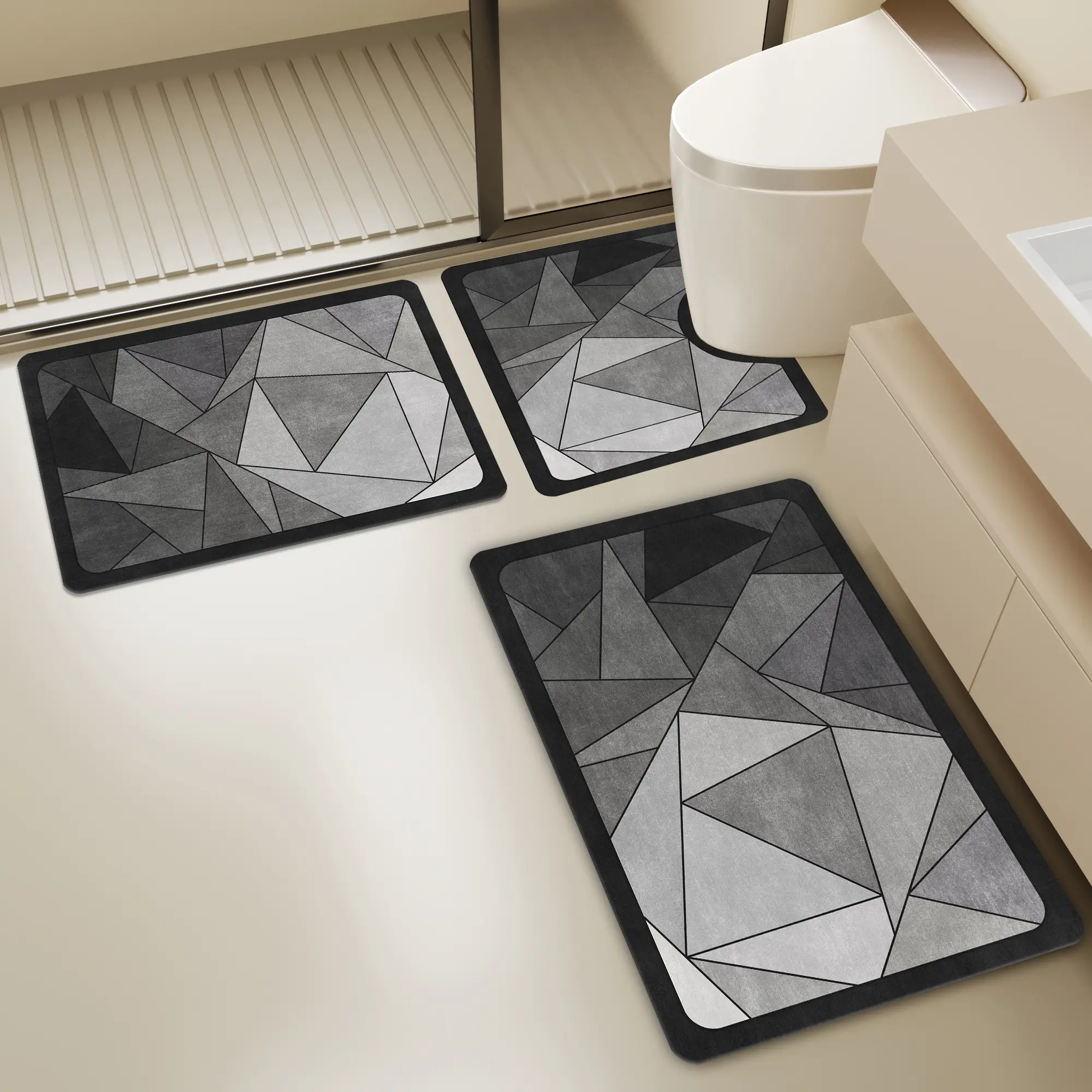Thickened 0.2in, 3-Piece Set Bathroom Mat, Absorbent Quick-Dry Foot Mat, Anti-Slip TPR Rubber Bottom, Minimalist Style Home Decor, Suitable For Under Sink, Toilet Mat, Door Mat, Entrance, Living Room, Bedroom, Kitchen Small Rug, Hotel Guesthouse, Etc. out