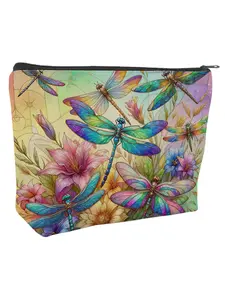 Vibrant Dragonfly Makeup Bag, Stunning Canvas Pouch, Colorful Insect and Floral Designs, Perfect for Organizing Cosmetics, Casual Style