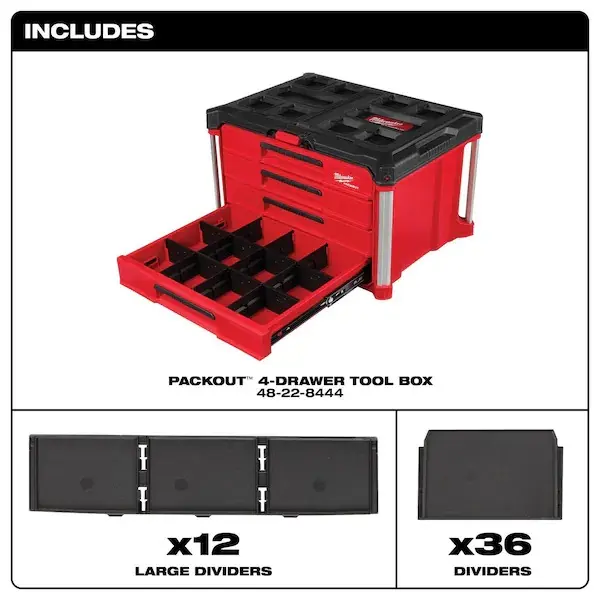 PACKOUT Polymer 4-Drawer Tool Box, Black/Red, 22 in W x 16-1/2 in D x 14-1/2 in H