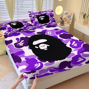 Purple Camo & Gorilla Head Fitted Sheet Set, 1 Bed Sheet and 2 Coreless Pillowcases, Street Elements and Cool Cartoon, Soft Anti-Slip Wrinkle-Resistant Bedding, Dreamy Trendy Bedroom Decor, Youth Gift