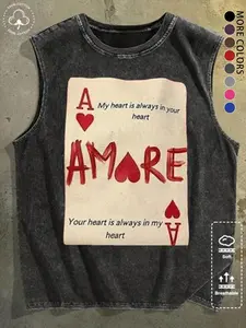 Men's Casual Loose-Fitting Vest Sleeveless Inspired by Heart Ace Poker Card Design, Vintage Street Style Washed Out Backless Top Graphic Tank Tops Breathable Vest Tank