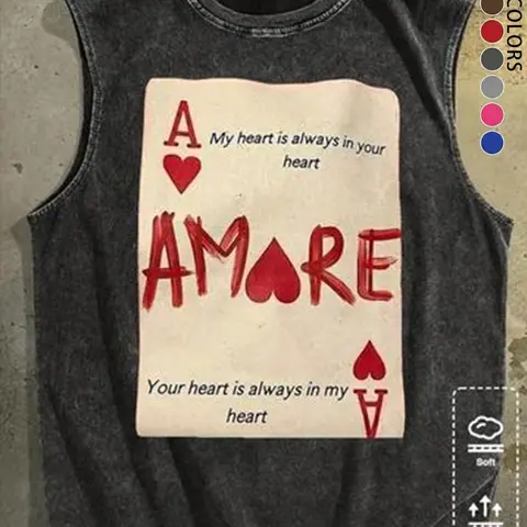 Men's Casual Loose-Fitting Sleeveless Vest Inspired by Heart Ace Poker Card Design, Vintage Street Style Washed Out Backless Top, Sleeveless Tanktop