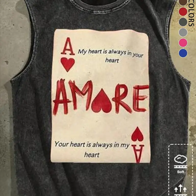 Men's Casual Loose-Fitting Sleeveless Vest Inspired by Heart Ace Poker Card Design, Vintage Street Style Washed Out Backless Top, Sleeveless Tanktop