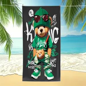 Graffiti Hip-Hop Teddy Bear Beach Towel, Cool Streetwear Style Pool Towel, Trendy Cartoon Camping Towel, Absorbent Bath Towel Blanket, Stylish Towel for Teens, Summer, Beach, Pool, Travel & Outdoor Activities