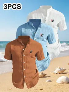 3-Pack Men's Summer Short Sleeve Shirts, Chest Print Design, Lightweight Breathable Solid Stand Collar Button Shirt, Ideal for Beach Poolwear, Casual Collared Shirt