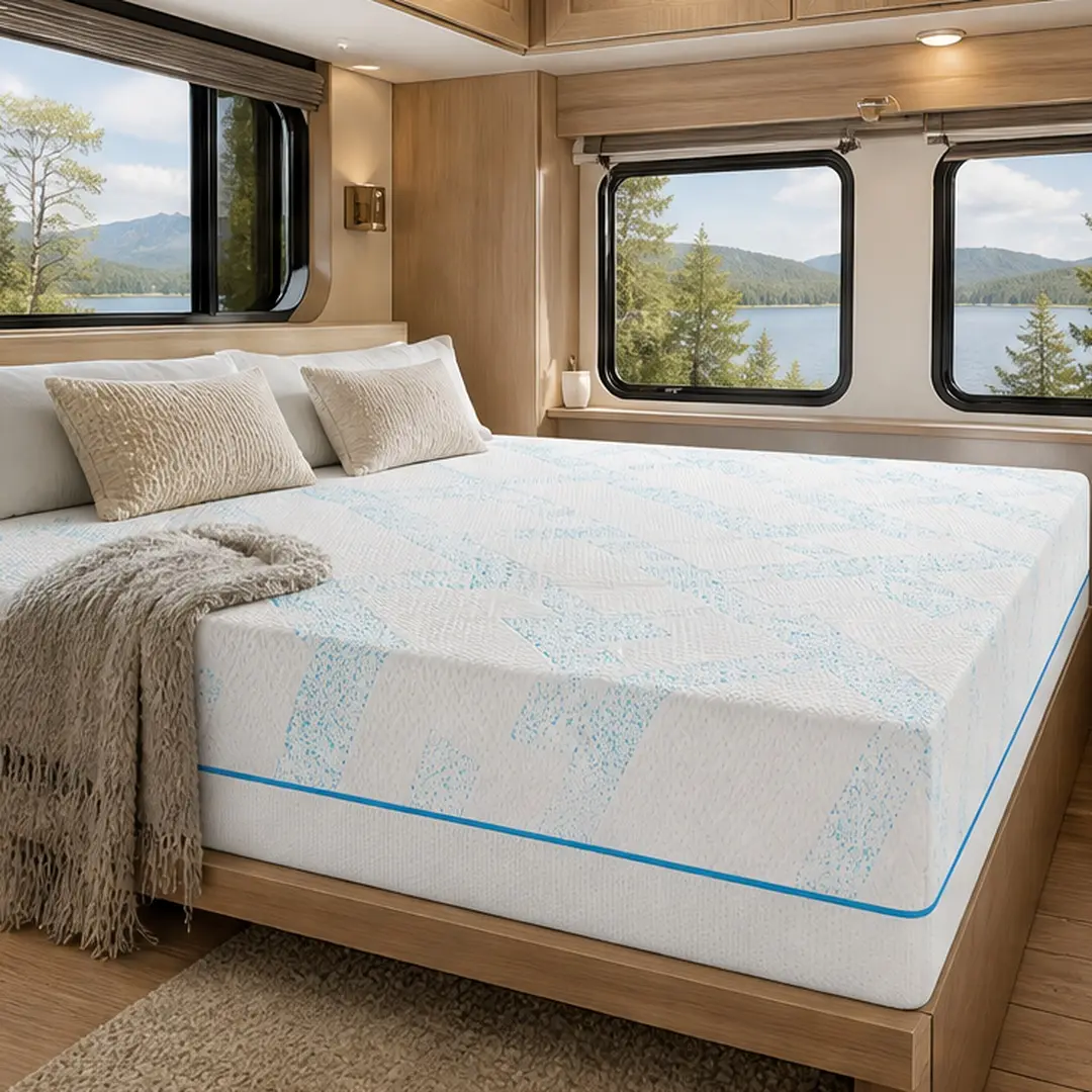 10 Inch RV Short King Memory Foam Mattress, Gel-Infused Cooling Foam, Breathable Jacquard Cover, CertiPUR-US & Oeko-Tex Certified, Medium Firm Support for RV, Camper, Trailer, Single Boxed Bed Mattress, White Color Options, Foam Material