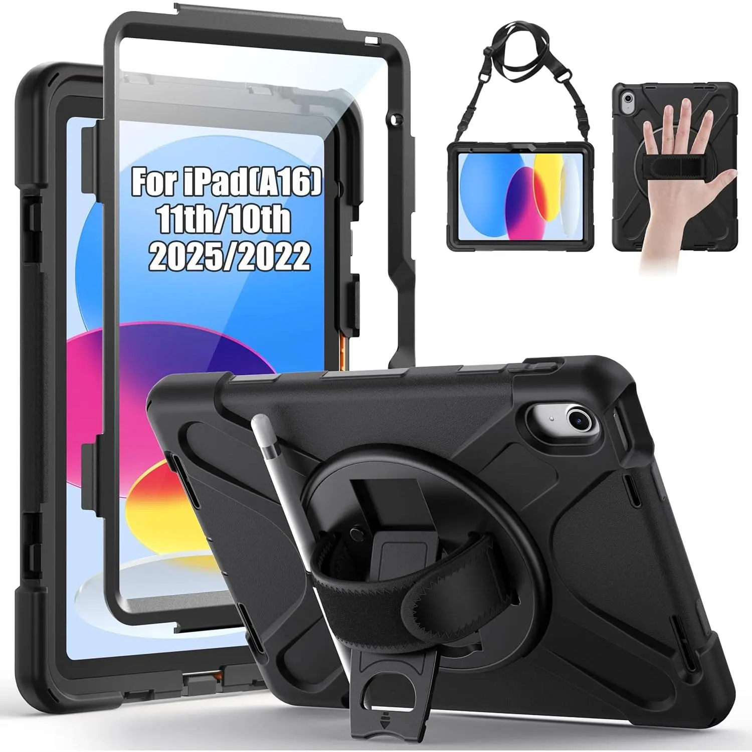 Case for iPad (A16) 11th/10th Generation 11"/10.9" (2025/2022), Heavy Duty Shockproof Protective Case with Screen Protector, 360? Rotating Stand, Hand/ Strap, Pencil Holder - Black