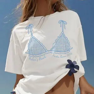 BojjiCo Women's Personalized Bachelorette Party Graphic Tee, Coastal Preppy Streetwear Apparel, Ribbed Vintage Fabric, Custom Bikini Print, White Cotton Oversized Casual Top, 2026 Punta Cana Beach Trip Bridal Squad Gift