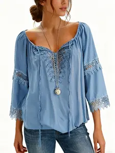 New Lace Trim One Shoulder Loose Bell Sleeve Shirt Blouse, Bohemian Vacation Casual Style, Long Sleeve Fitted Top, All Seasons Fashion