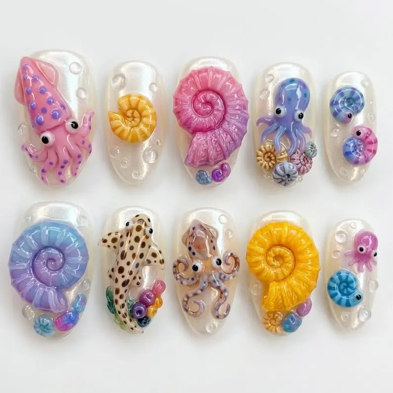 Nautilus Ocean Press On Nails 3D Squid Octopus Spiral Shell Pastel Marine Life Coastal Summer Nail Set
