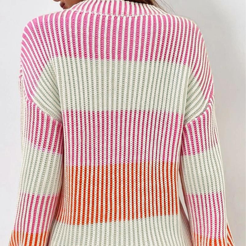 Women's Sweet Candy Pink Colorblock Textured Knit Bubble Sleeve Sweater