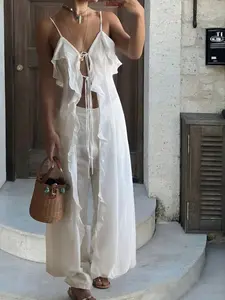 Ruffled Sheer Long Dress, Women's Thin Strap Front Tie Kimono, Bohemian Beach Style, Lightweight Chiffon, Summer Vacation Wear