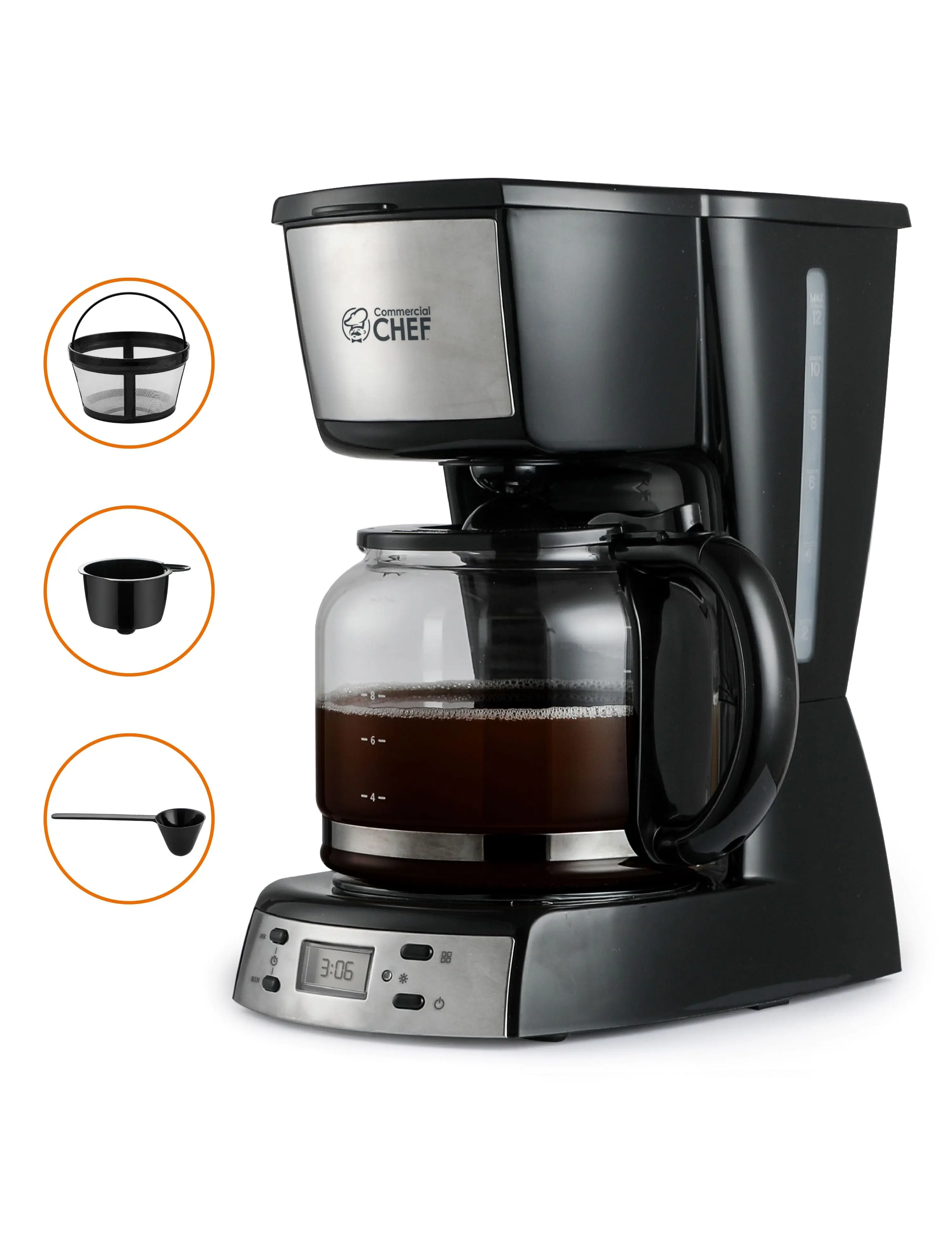 Commercial Chef Digital 12-Cup Coffee Maker Machine - Countertop Coffee Machine with Glass Pot, Handle, Nylon Filter, Anti-Drip, LCD Display, Programmable 900W Kitchen Gadget for Kitchen Countertop, CHCM12B, Black