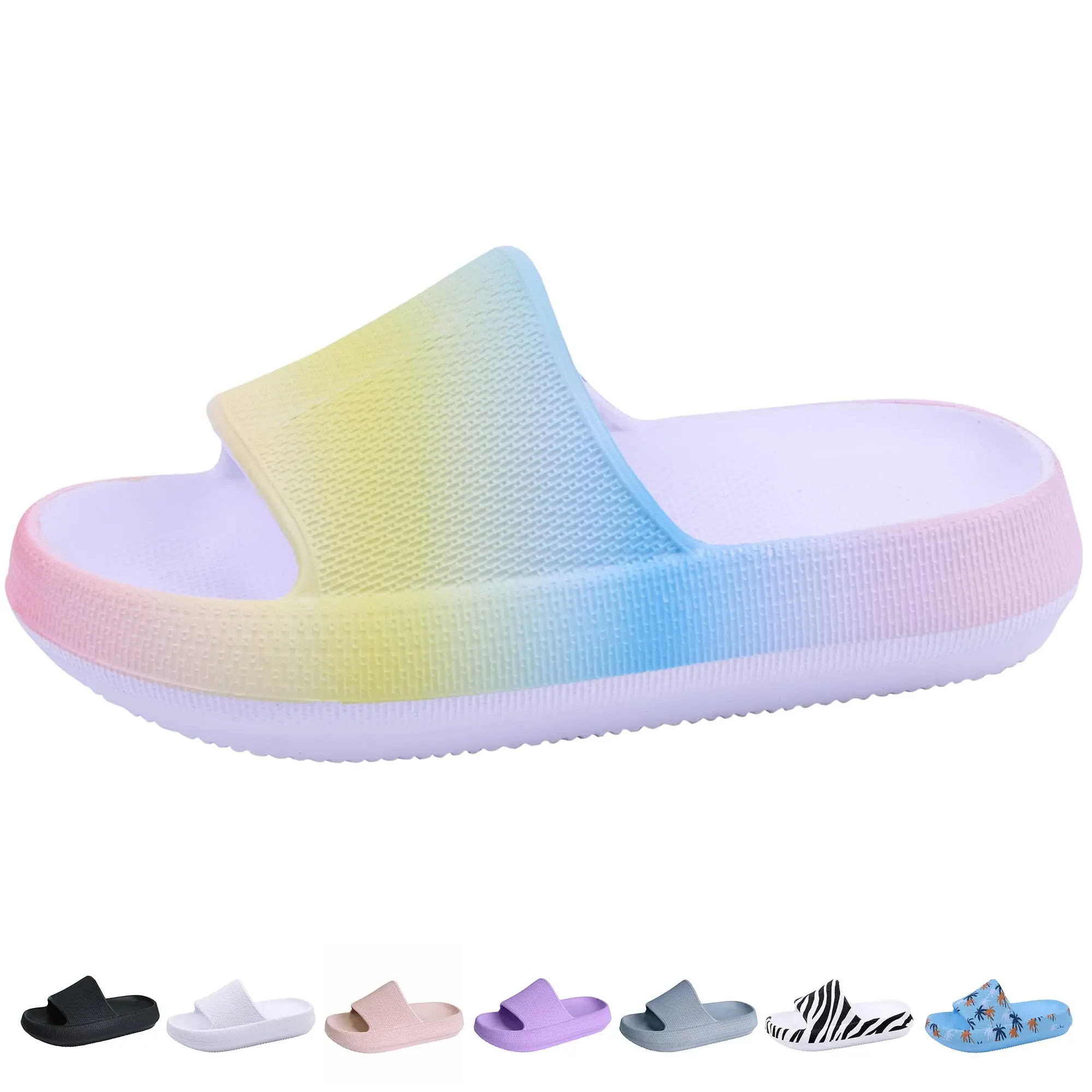 Kids' Unisex Cloud Slides - Child Size Slippers with Soft EVA Thick Soles, Round Toe, Flat Heels, Anti-Skid Soles, All-Seasons Indoor-Outdoor Beach Footwear (Ages 5-18), Slip On, Lake, Playground, Silent, Wide Strap, 5-18 Years