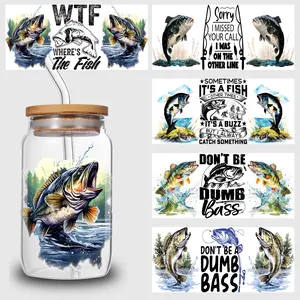5 sheets of fishing UV DTF cup holder 16 oz, DTF cup holder transfer glass, water bottle waterproof sticker, friction transfer sticker, DIY