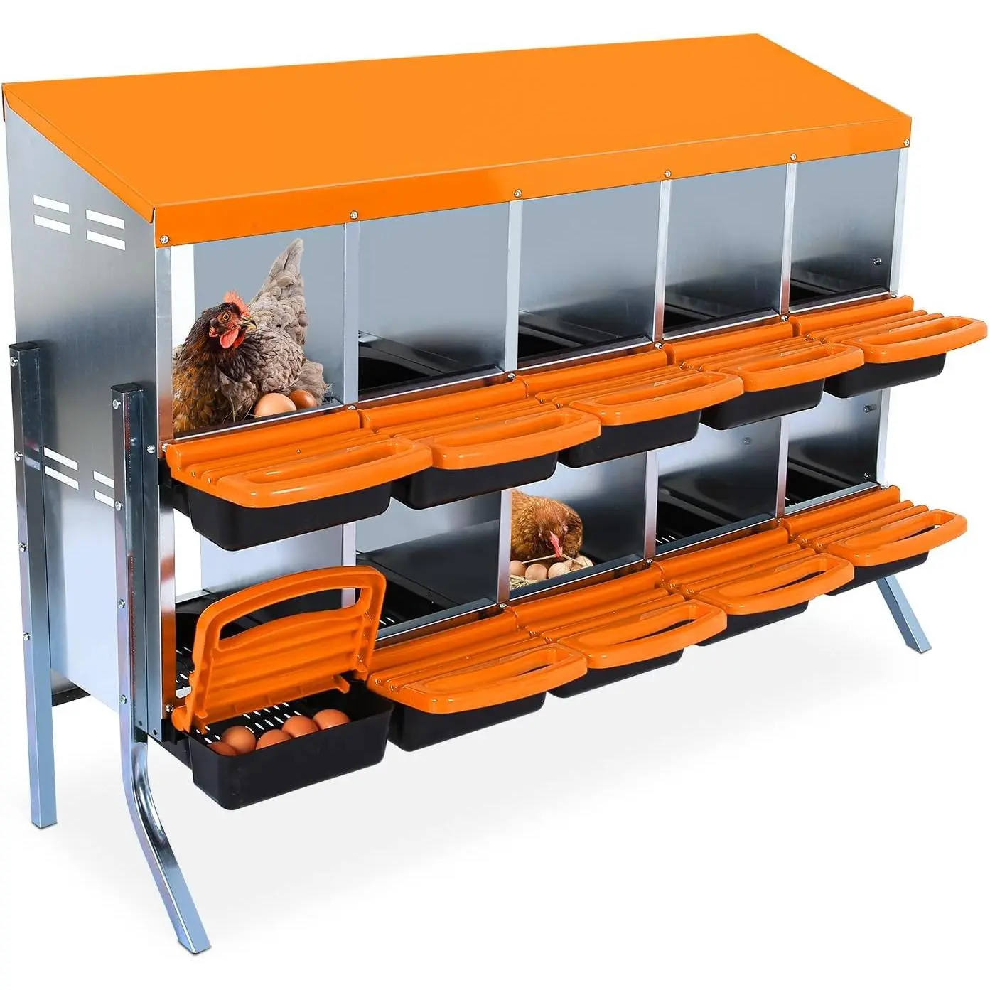 GARVEE 10-Compartments Chicken Nesting Boxes with Roll Out Egg Collection and Large Vented Holes,Metal Nesting Boxes for Chickens, Hens, Ducks,Wall Mount/Freestanding Poultry,Orange