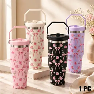 1 Pc Pink Bow Rose Floral Pattern 30oz, elegant cute style, double wall insulated mug, leak-proof lid, hot 12h cold 24h, large capacity tumbler, gift for women, perfect for Mother’s Day, Valentine’s Day, birthday, holiday aesthetic daily use cup