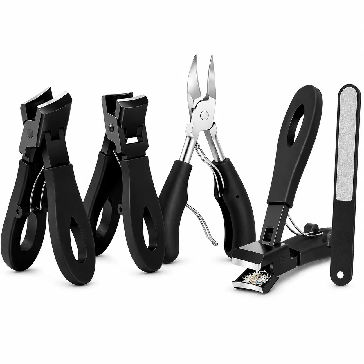5-Piece Nail Care Tool Set for Adults - Wide Jaw Curved Blade Toenail Clippers, Angled Precision Nippers, Ergonomic Comfort-Grip Handles, Thick Nail Control, Youth-Friendly Home Grooming Manicure Pedicure Foot Care Product