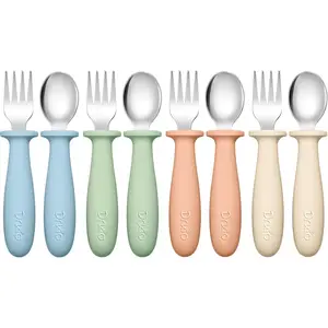8 Pieces Toddler Utensils Set - Silverware Set with Silicone Handle Children Safe 18/8 Stainless Steel Forks and Spoons Anti-Choke Design Food Grade Dishwasher Safe