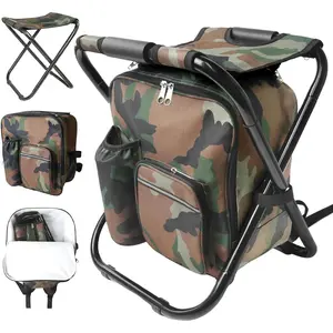 Portable Folding Multifunction Camping Chair Stool Backpack with Insulated Cooler Picnic Bag, Perfect for Hunting Fishing Hiking Travel Outdoors, Camouflage