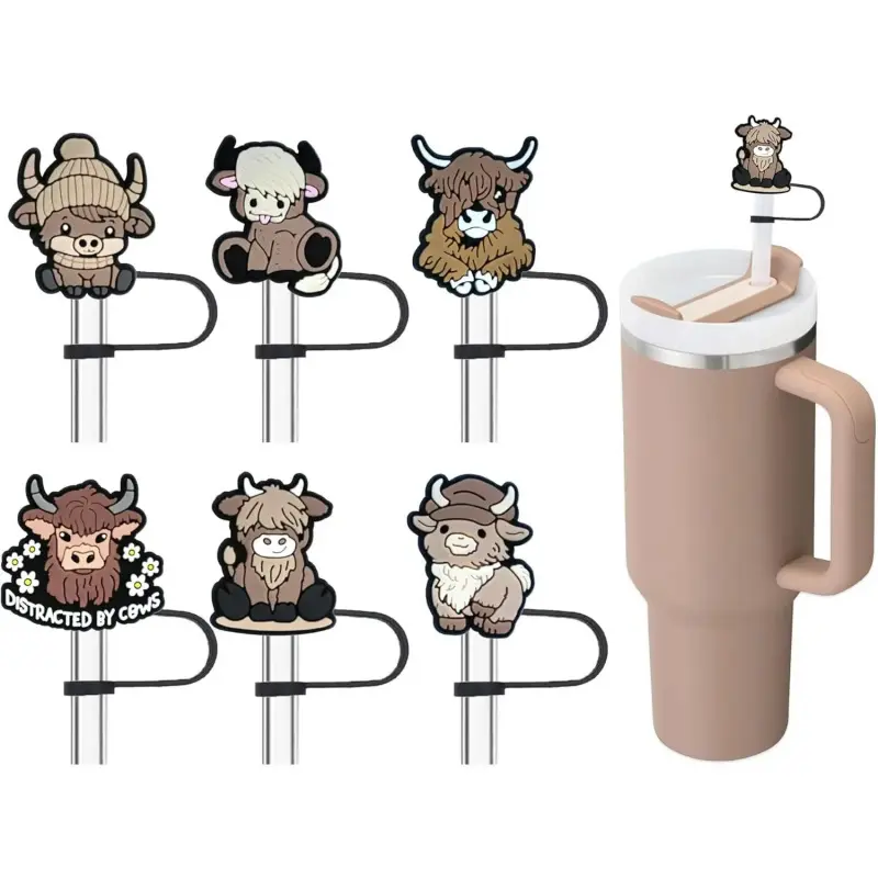 Cute Synthetic Highland Cow Straw Topper Set - 10mm Protective Cap Drinkware Accessory, 30oz-40oz Almond Rose Tumbler Fit, Set of 6, Keeps Drinks Safe From Dirt, Thanksgiving Gift, Share With Family