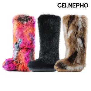 CELNEPHO Womens Faux Fur Knee High Boots Round Toe Flat Heel Easy Pull on Snow Booties with Full Plush Fur Party Outdoor Winter Warm Cozy Dress Shoes