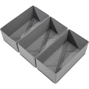 Sock Drawer Organizer 3-Pack - Foldable Fabric Storage Box for Underwear Separation, Small Closet Organizer with 3 Compartments, Gray