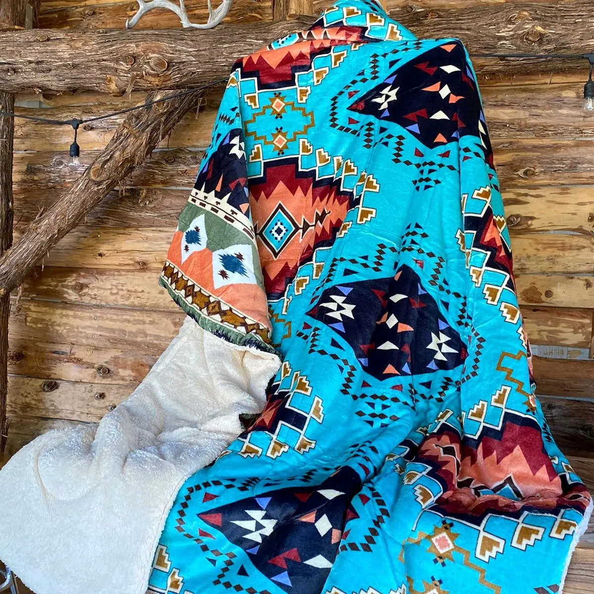 Southwest Queen Size Soft Flannel Fleece Borrego Blanket 3pc Set - Turquoise Farmhouse Style