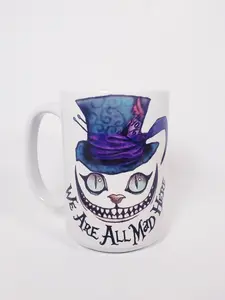 Alice in Wonderland Cheshire Cat Mug, We Are All Mad Here, Cheshire Cat Mug, Mad Hatter, Drink Me, Bookish Mug, We're All Mad Here Mug, Unique Gift Idea, Alice in Wonderland Ceramic Drinkware Printed Washable Reusable Coffee Cup Tumbler Reuse