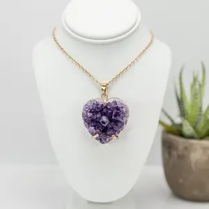 Natural Crystal Necklaces & Pendants - Raw Amethyst Heart Pendant with Gold Metal Finish