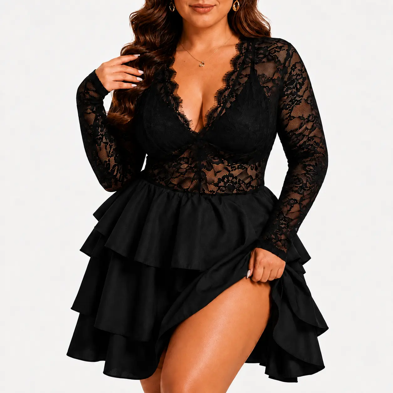 Women's Plus Size Curvy Fit Lacy Long-Sleeve Mini Dress, Deep V Neck, Mesh Fabric, Ruffle Hem, All Seasons Sexy Party Clubwear Going Out Outfit Plus Size