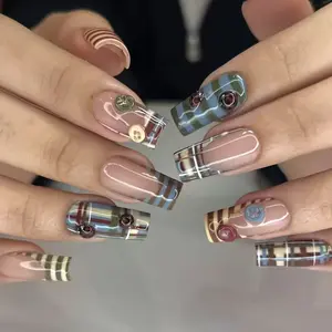 Colorful Button Charm Press On Nails, 3D Pastel Button Nails With Stripes and Polka Dots, Y2K Craftcore Nails, Cute Pastel Charm Nails