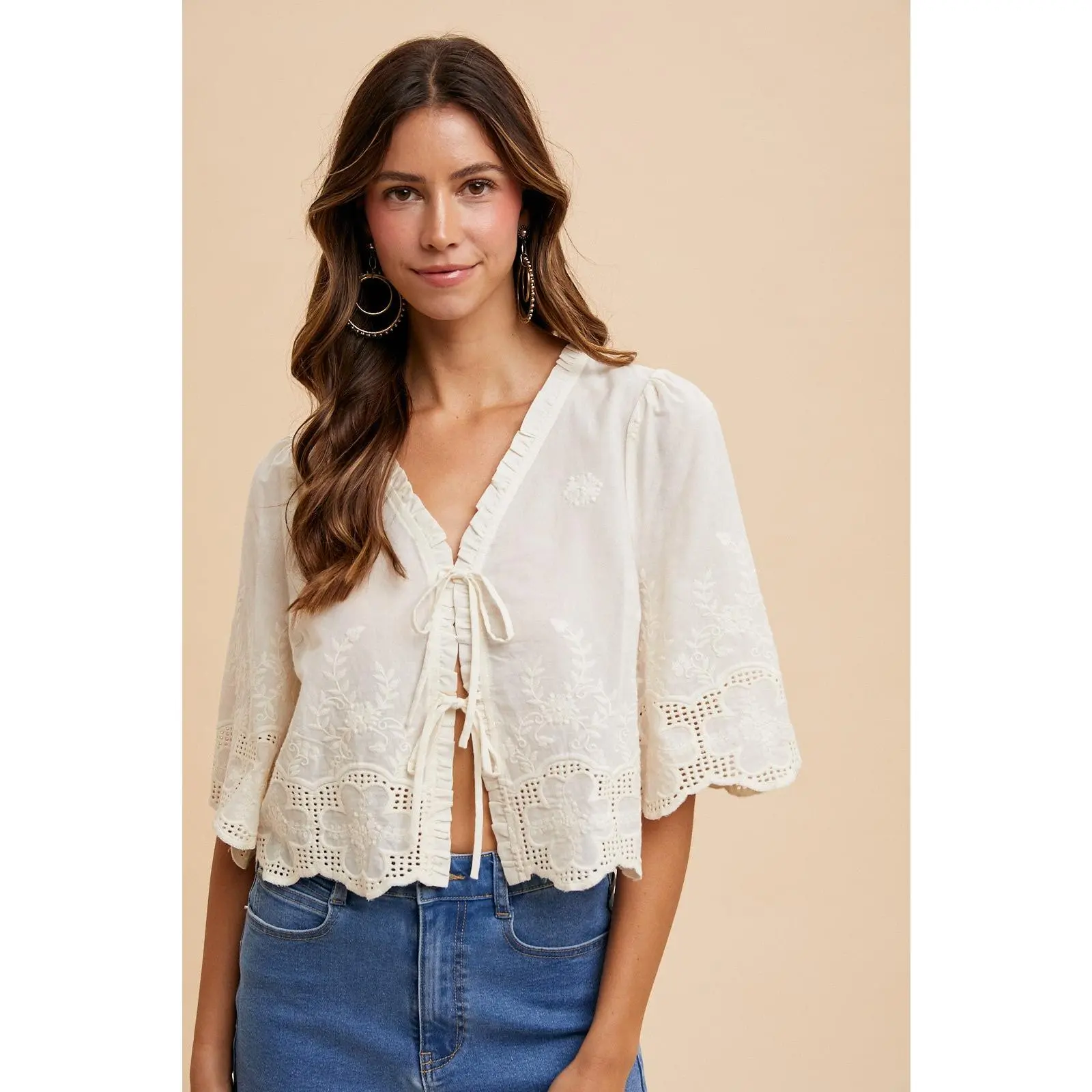 Francesca Floral Embroidery Blouse in Ivory