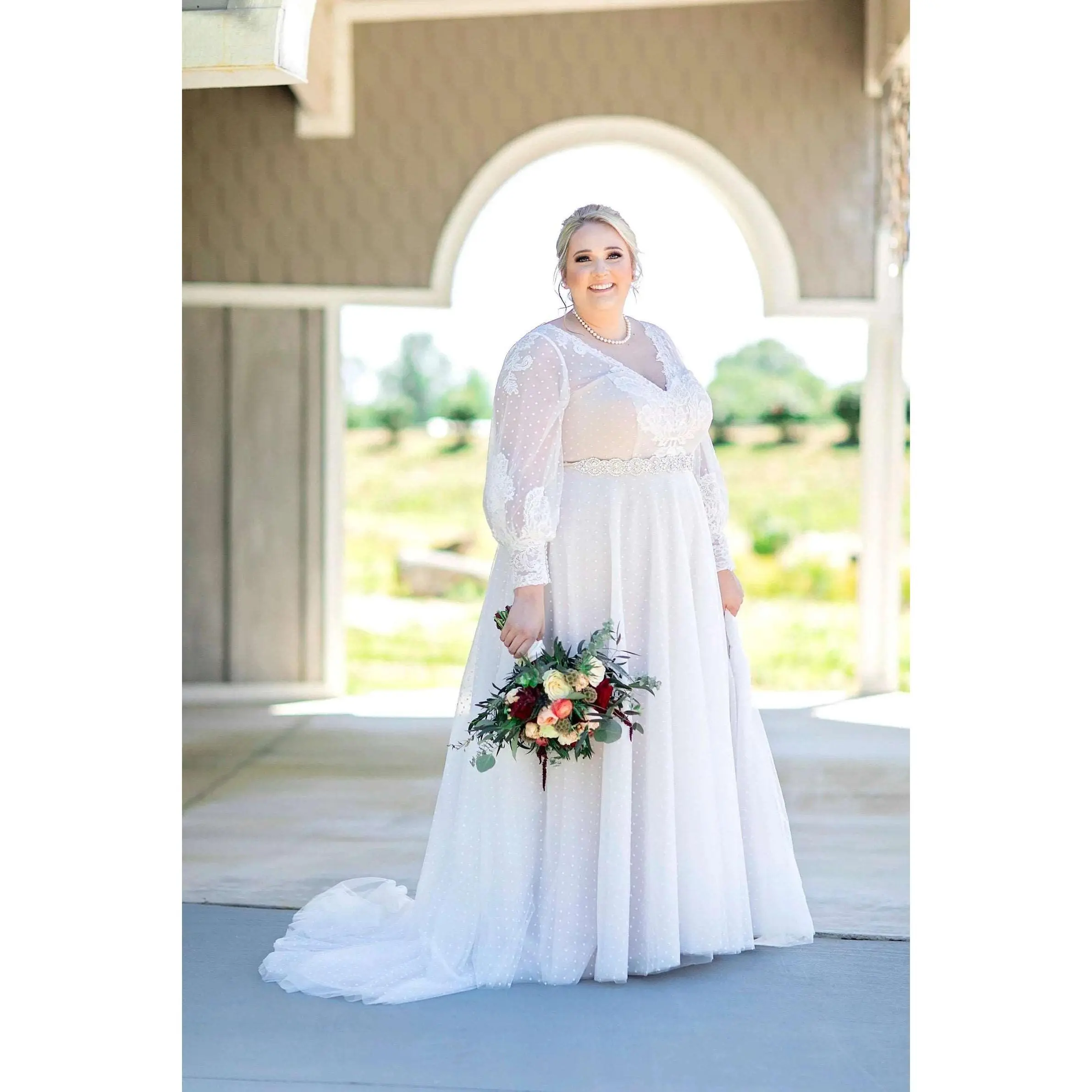 Women's Long Sleeve Formal A-Line Tulle Overlay Wedding Dress - Polka Dot Tulle, Chantilly Lace, Elegant Classy Flattering Design, Tulle Overlay Dress