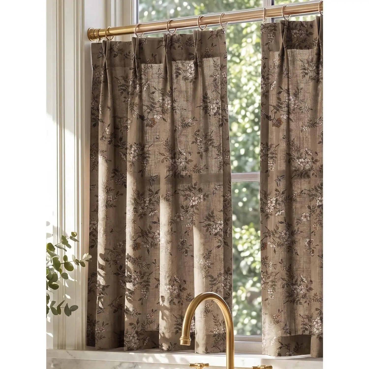 NICETOWN Pinch Pleated Cafe Curtains | Linen Blend, Vintage Home Decor, Light Filtering, For Kitchen, 2 Panels, Privacy Protect, French Country Curtains