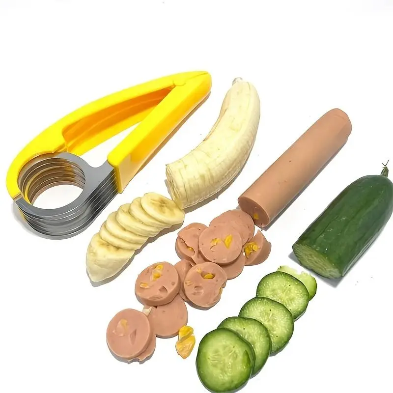 1pc Durable Yellow Stainless Steel Hot Dog & Banana Slicer - Home Kitchen Multi-Use Cutter with Non-Slip Handle, Plastic Accents, Round Slices for Cooking, Easy-to-Clean Specialty Kitchen Utensil