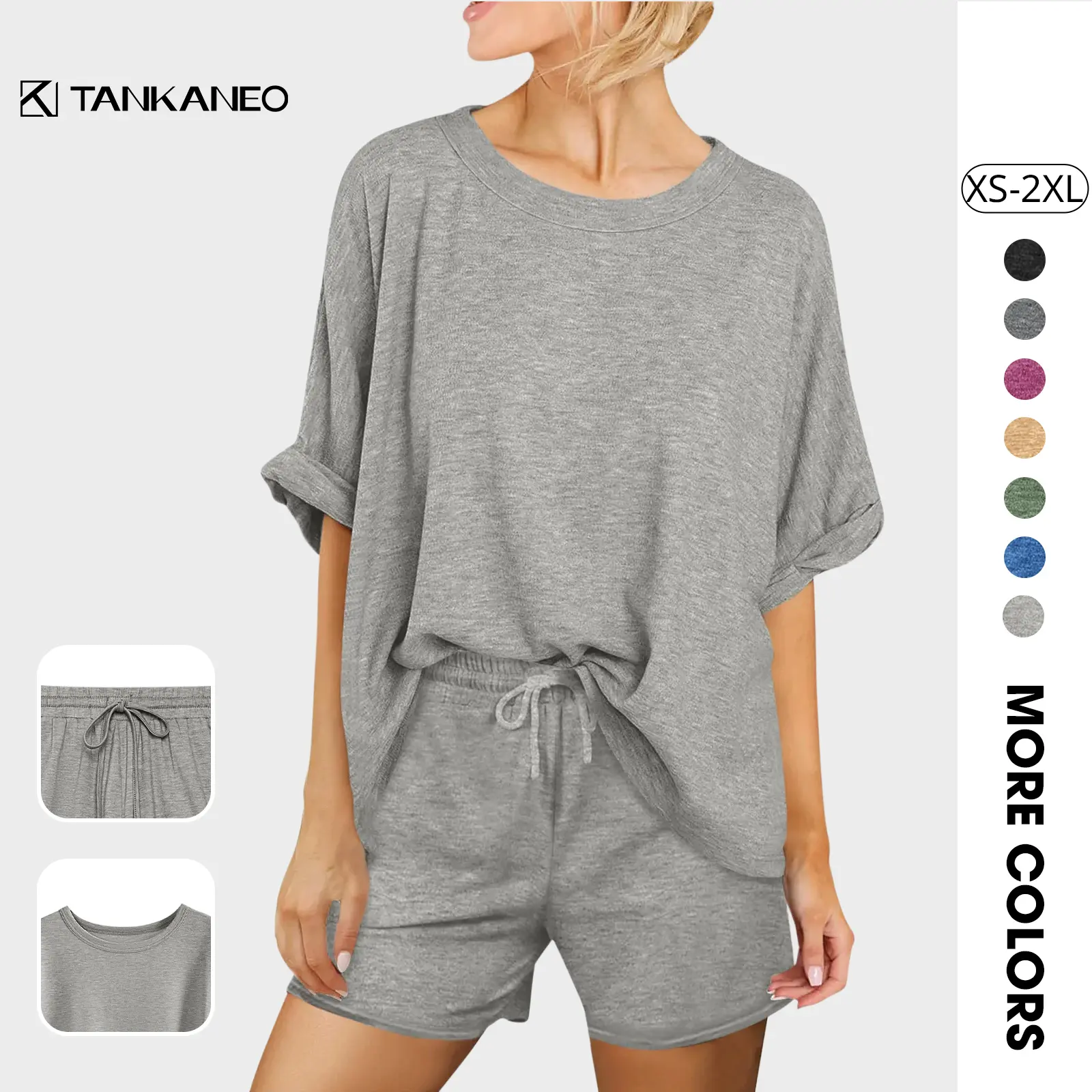 Tankaneo Women's 2-Piece Loungewear Set Oversized Short-Sleeve T-Shirt & Drawstring Shorts Pajamas Summer Outfit