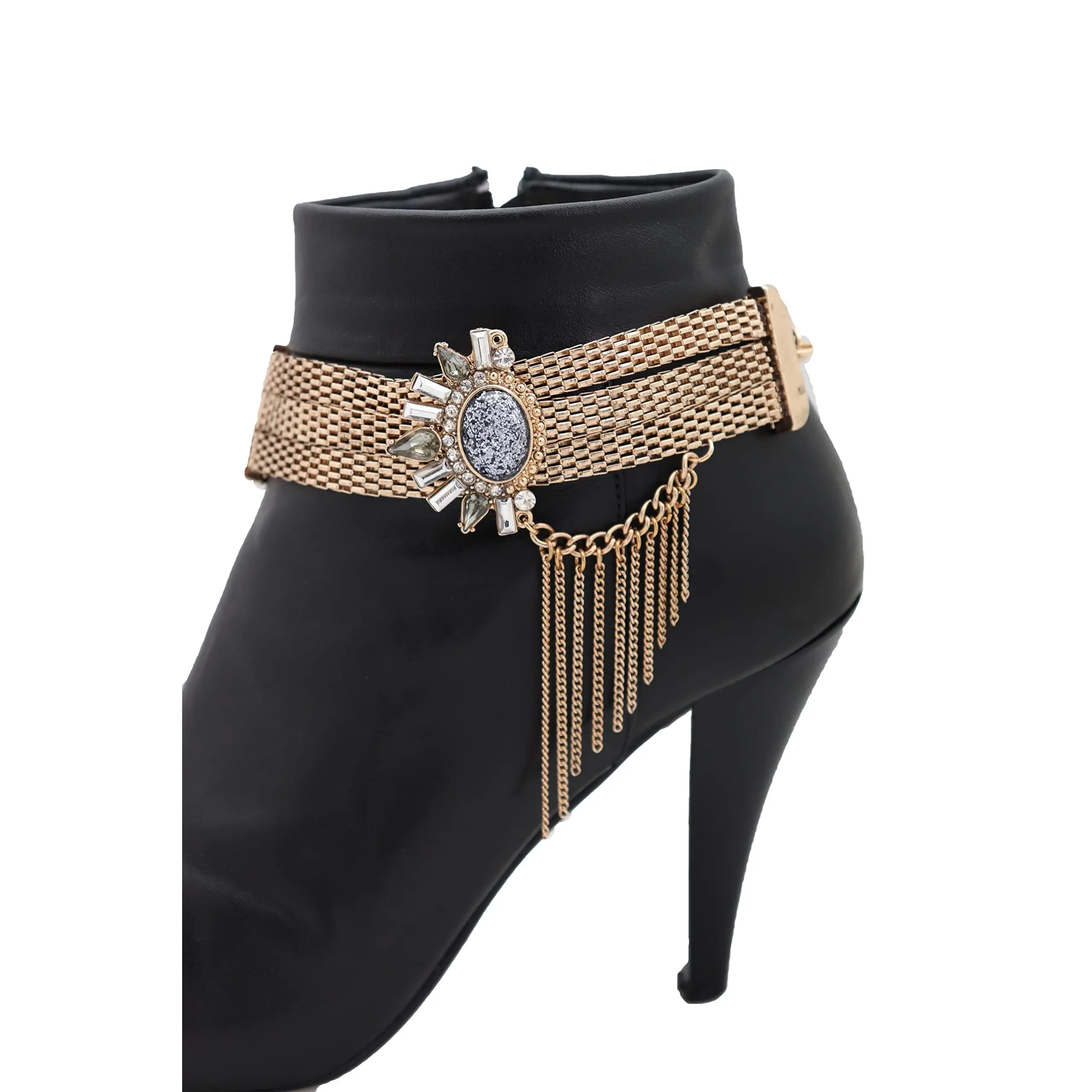 TrendyFashionJewelry Women Western Boot Chain Bling Bracelet Gold Mesh Metal Sun Flower Artsy Shoe Charm Anklet Tassel
