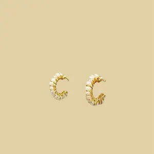 Gold & Pearly White Beads Hoops -0.6 inch Handwoven Hypoallergenic Gold Plated wire Earrings for Everyday Wear or Night Out jewellery